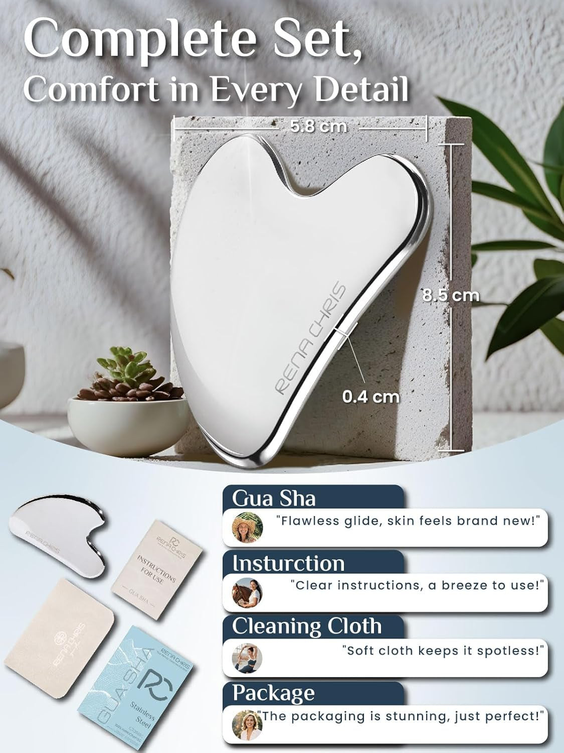 Stainless Steel Gua Sha Facial Massage Tool for Acupuncture and Jawline Sculpting, Reduces Puffiness - Elegant Skin Care Gift (Silver)