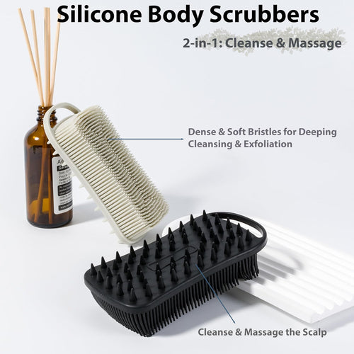 2-Piece Silicone Body Scrubber Set - Dual-Function Exfoliating Shower Scrubber and Scalp Massager for Sensitive Skin - Easy to Clean, Excellent Lathering (Grey & Black)