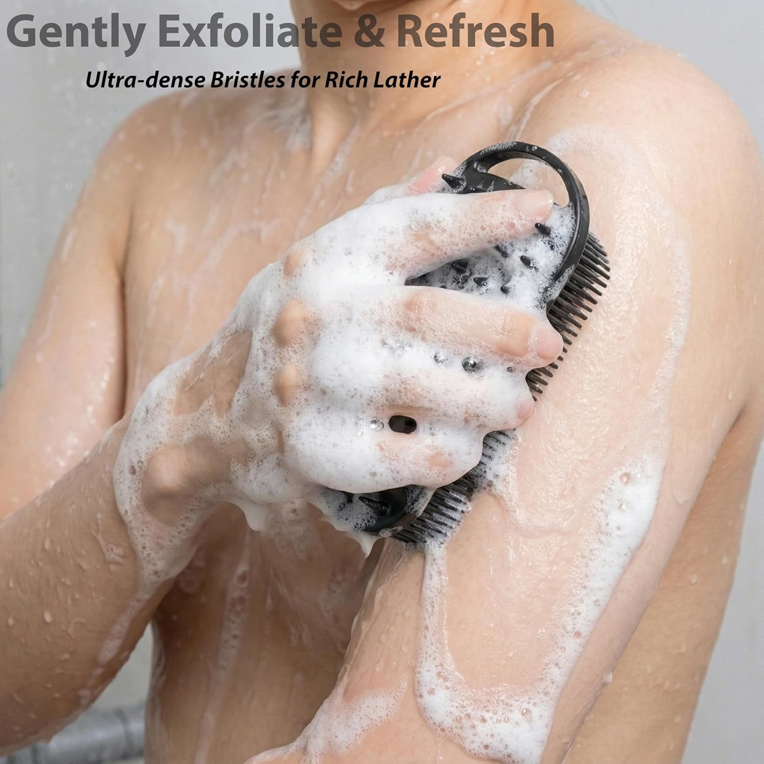 2-Piece Silicone Body Scrubber Set - Dual-Function Exfoliating Shower Scrubber and Scalp Massager for Sensitive Skin - Easy to Clean, Excellent Lathering (Grey & Black)