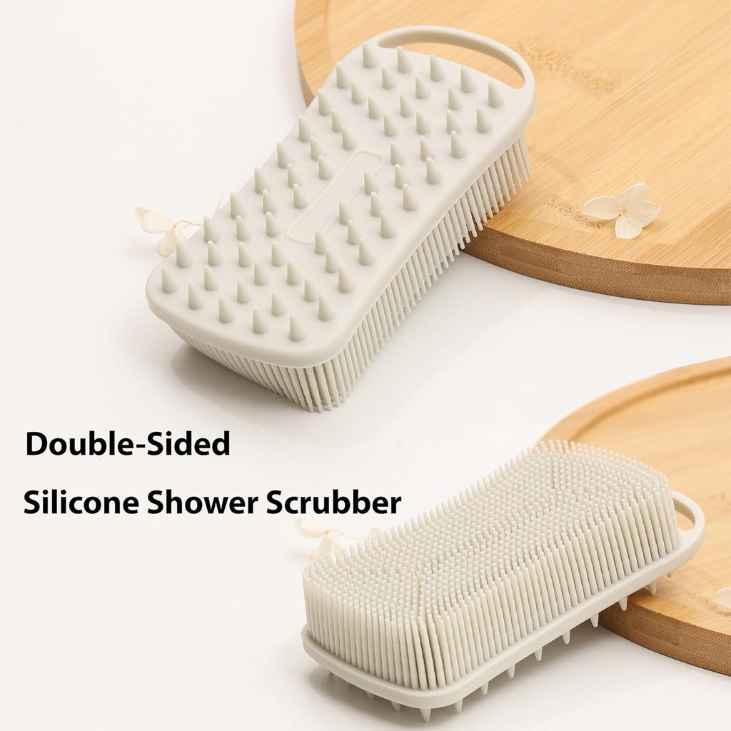 2-Piece Silicone Body Scrubber Set - Dual-Function Exfoliating Shower Scrubber and Scalp Massager for Sensitive Skin - Easy to Clean, Excellent Lathering (Grey & Black)