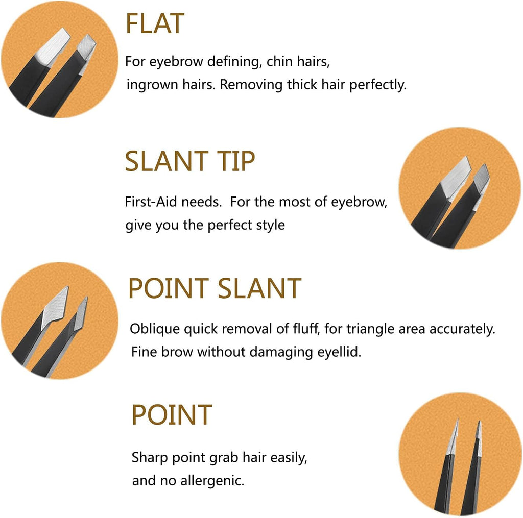 Tweezers Set with Travel Case - 4 Precision Anti-Rust Alloy Tweezers for Multi-Purpose Use in Eyebrow and Facial Hair Removal
