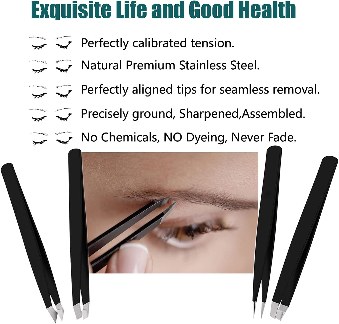 Tweezers Set with Travel Case - 4 Precision Anti-Rust Alloy Tweezers for Multi-Purpose Use in Eyebrow and Facial Hair Removal