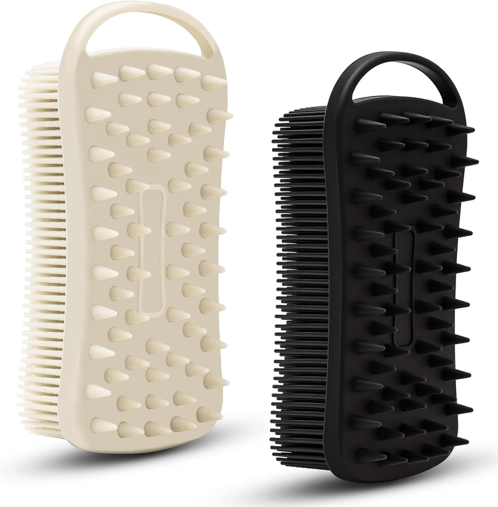 2-Piece Silicone Body Scrubber Set - Dual-Function Exfoliating Shower Scrubber and Scalp Massager for Sensitive Skin - Easy to Clean, Excellent Lathering (Grey & Black)