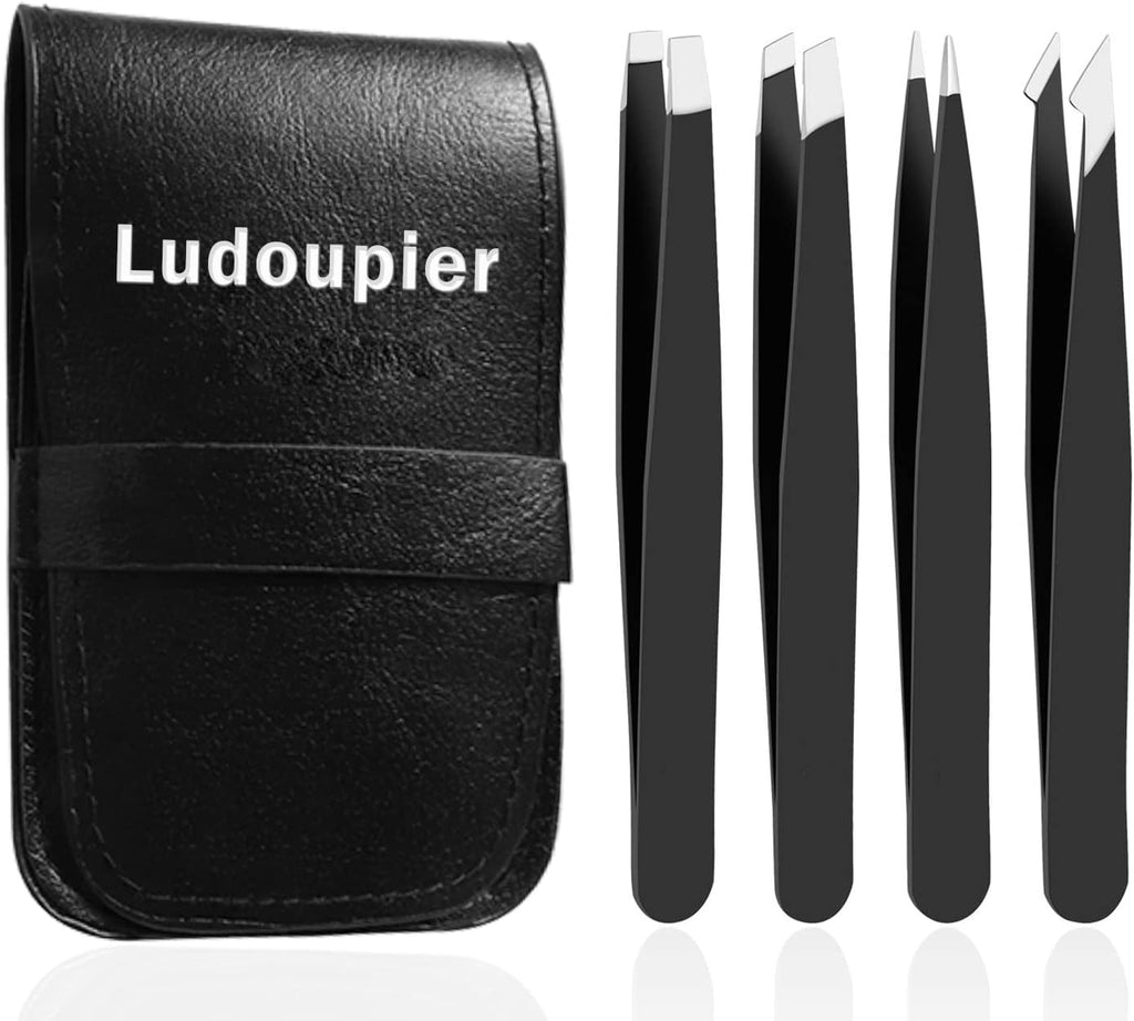 Tweezers Set with Travel Case - 4 Precision Anti-Rust Alloy Tweezers for Multi-Purpose Use in Eyebrow and Facial Hair Removal
